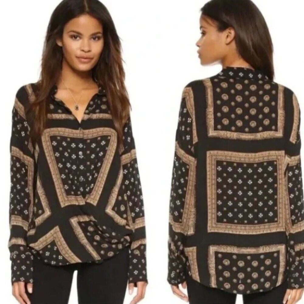 Free People Little Secrets Scarf Print Button Up Shirt, Size XS